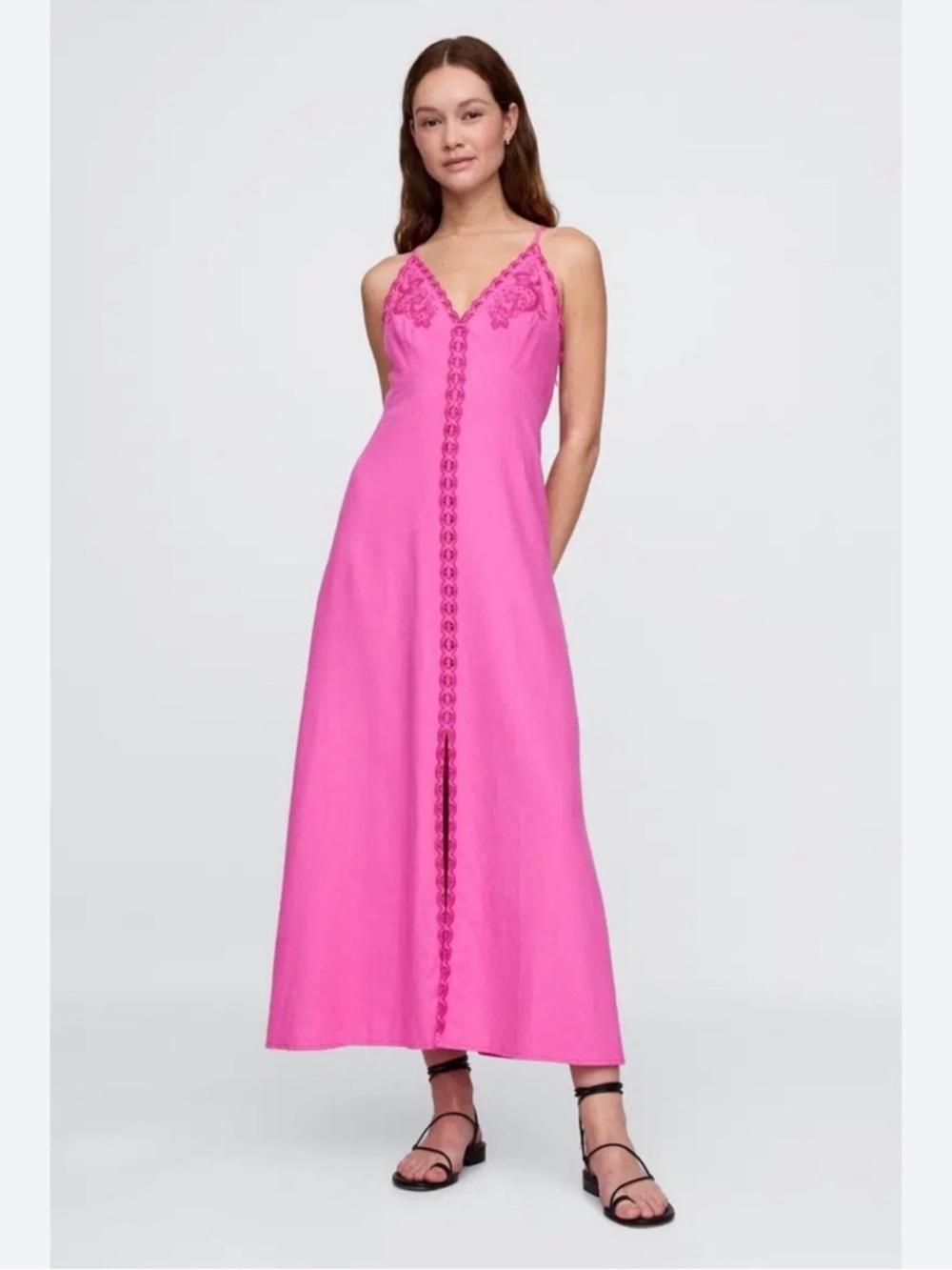 GAP Linen Blend Embroidered Halter V-Neck Maxi Dress - nearly new